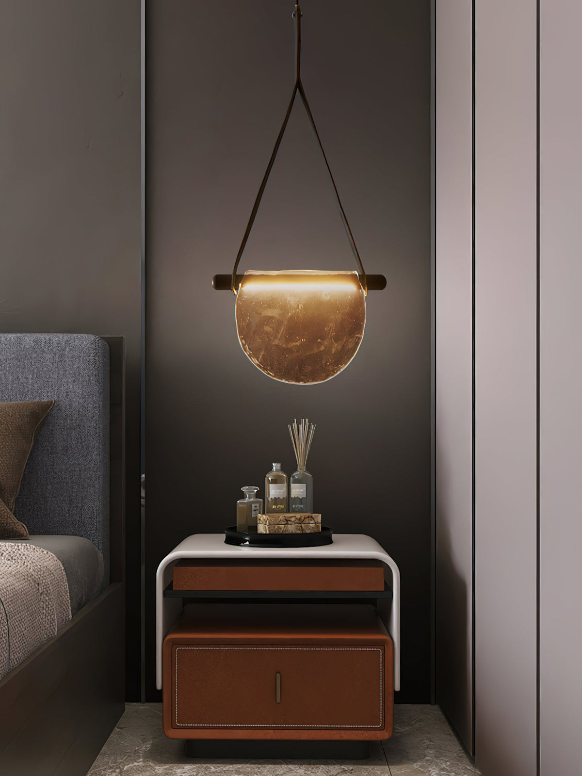 Dali Pendant Lamp – Melted Glass & Solid Wood LED Suspended Light with Leather Strap