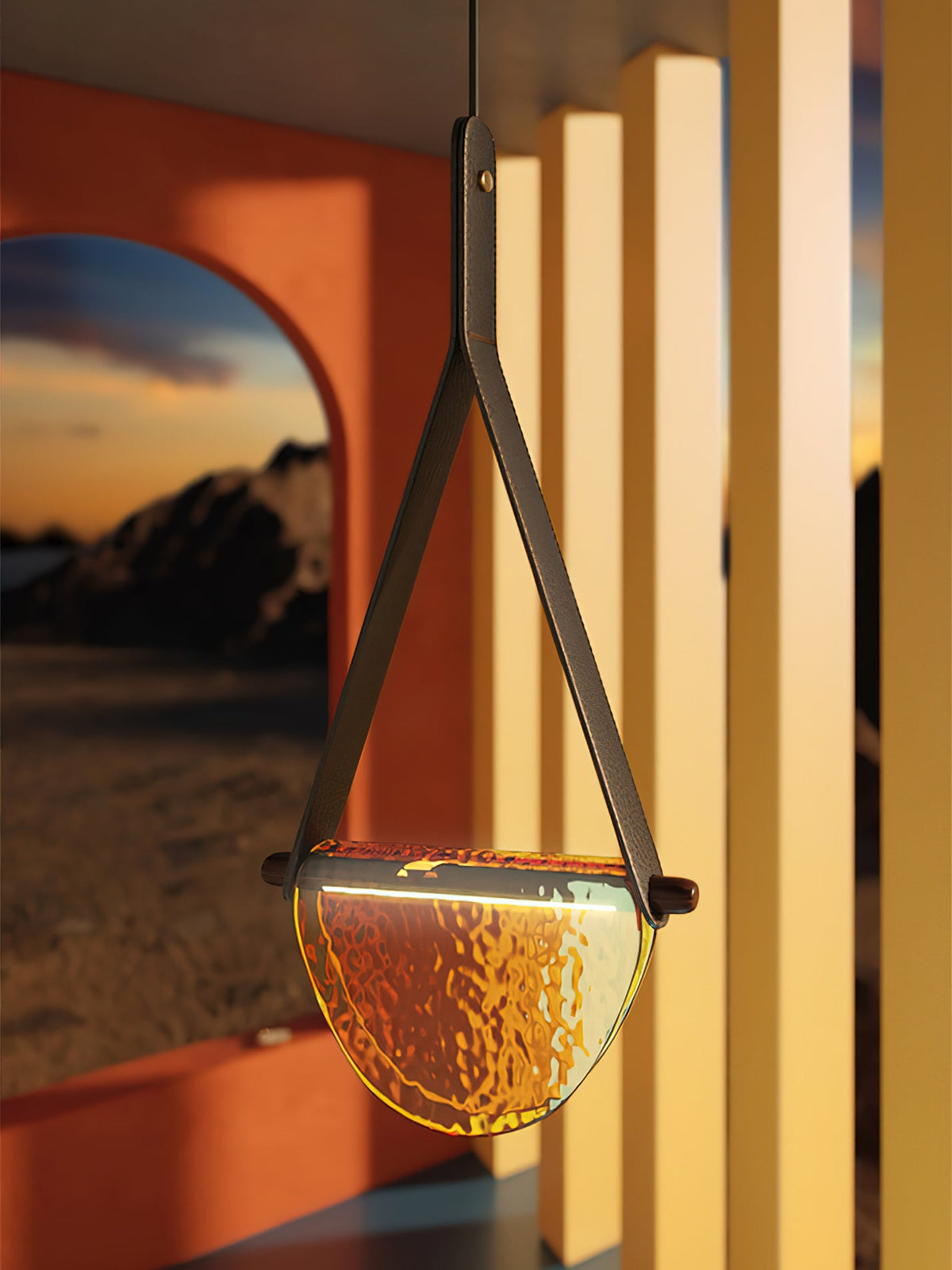 Dali Pendant Lamp – Melted Glass & Solid Wood LED Suspended Light with Leather Strap
