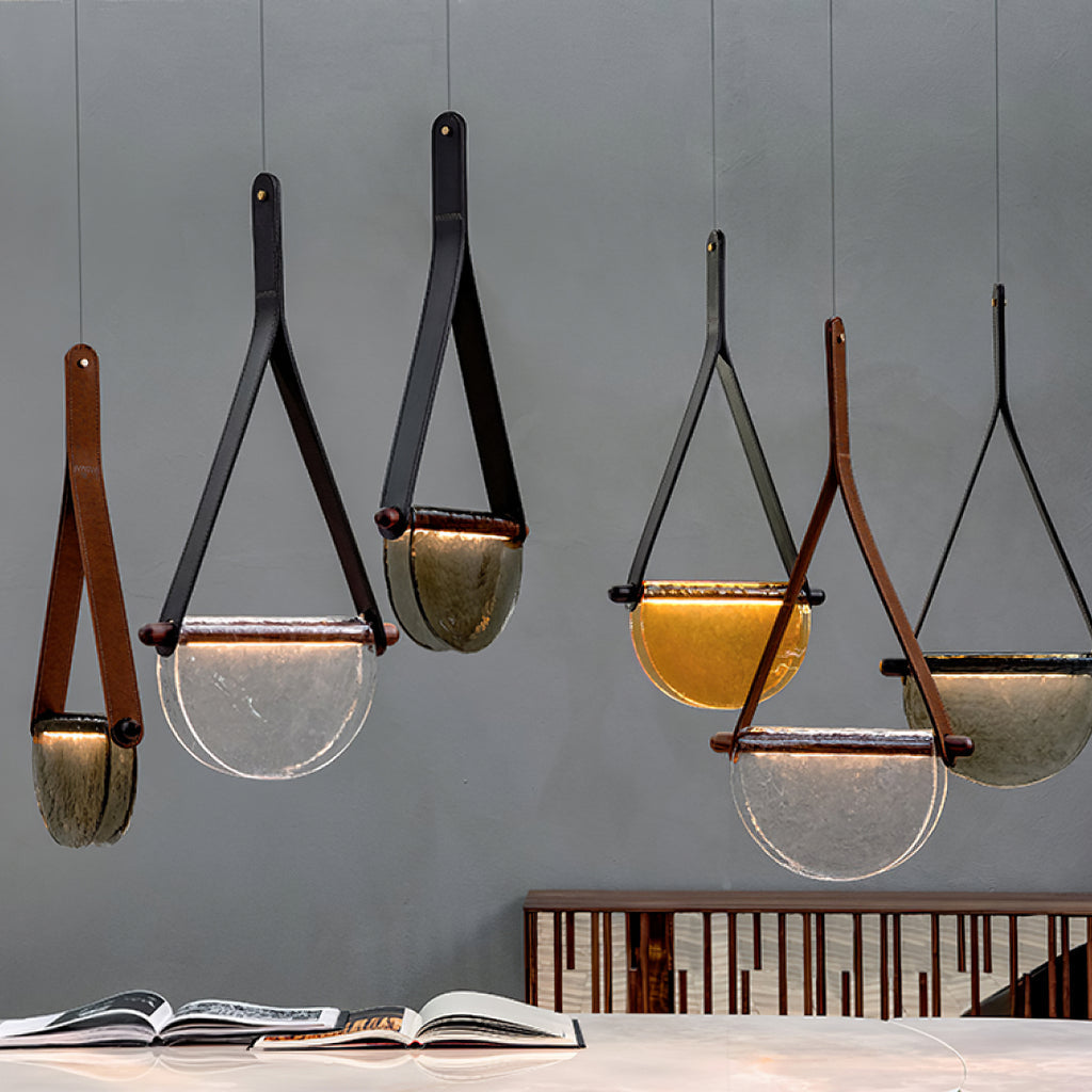 Dali Pendant Lamp – Melted Glass & Solid Wood LED Suspended Light with Leather Strap