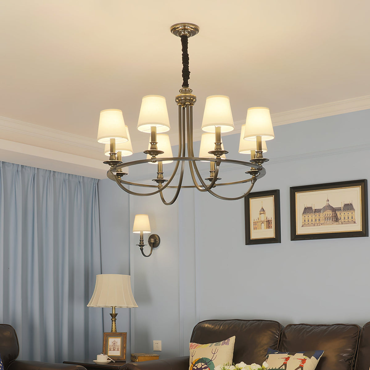 Dangigo Chandelier – Modern Brass & Off-White Fabric Shade Candle-Style Chandelier