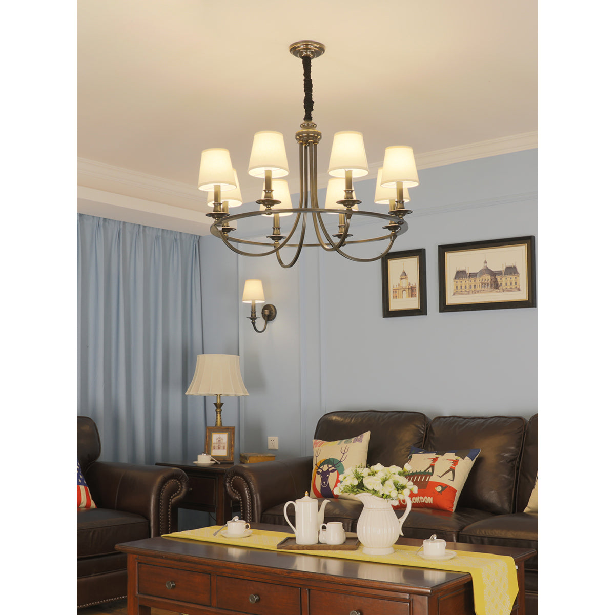 Dangigo Chandelier – Modern Brass & Off-White Fabric Shade Candle-Style Chandelier