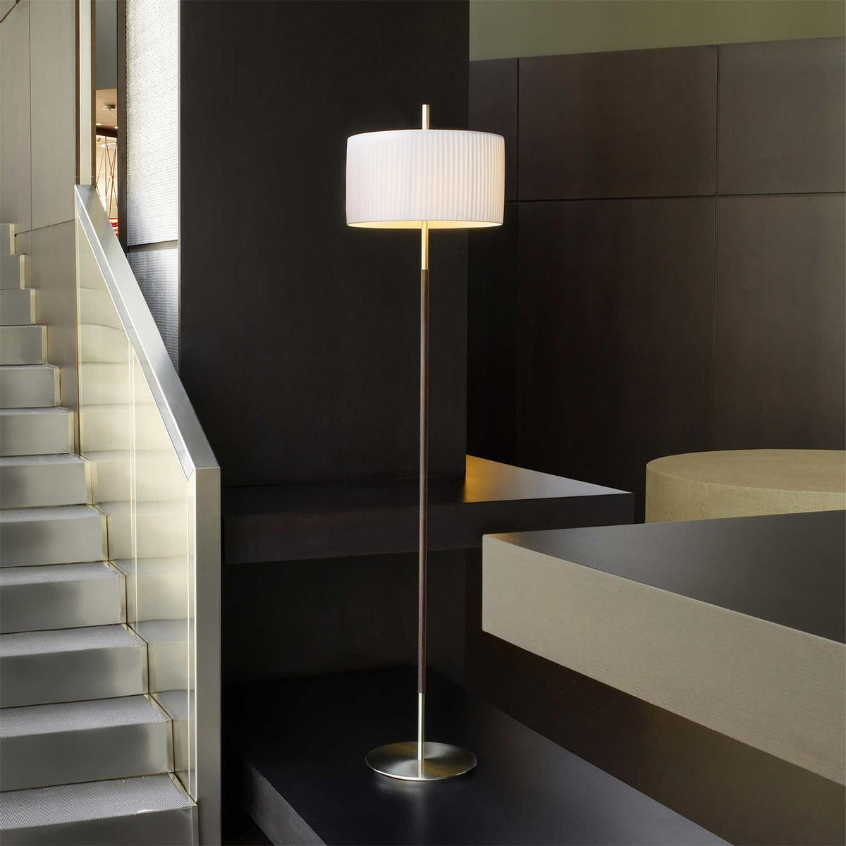 Danona Floor Lamp – Modern Architectural Floor Lamp with Leather Accents & Fabric Shade