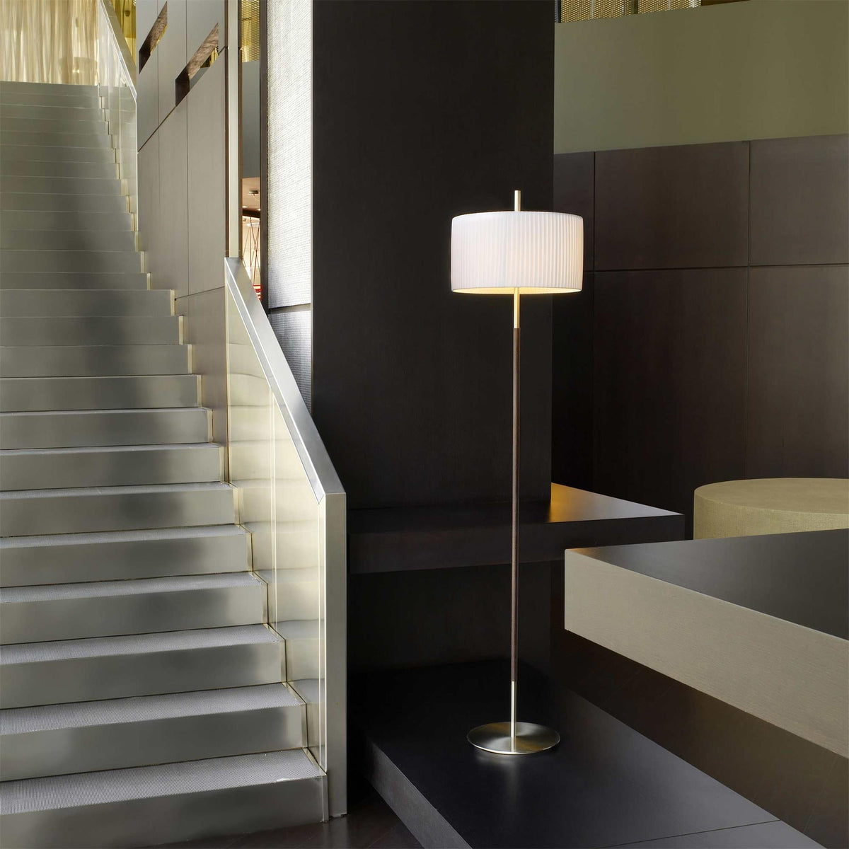 Danona Floor Lamp – Modern Architectural Floor Lamp with Leather Accents & Fabric Shade