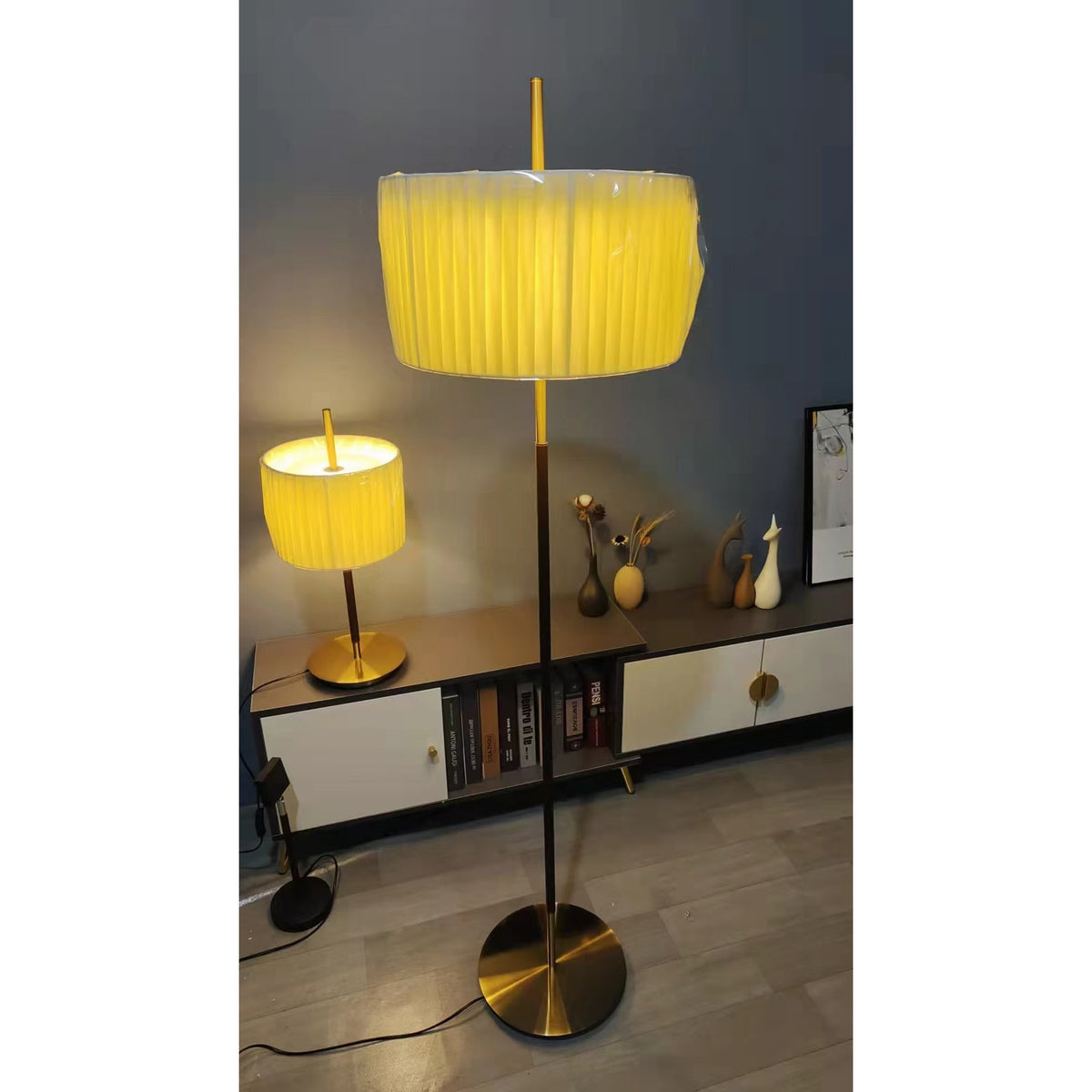 Danona Table Lamp – Modern Gold Iron Table Lamp with Leather Accents & Fabric Shade