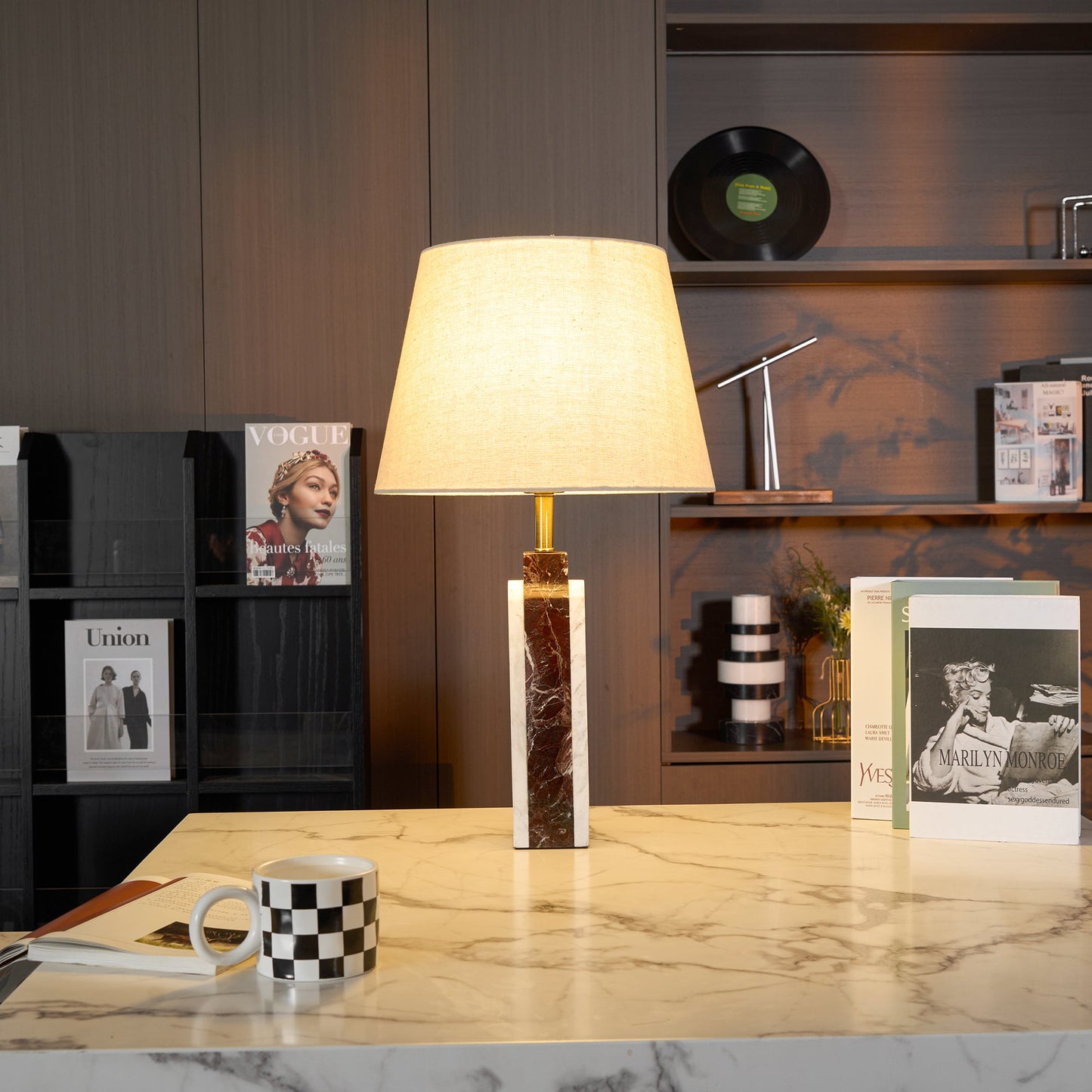 Darcy Marble Table Lamp - Sculptural 3-Panel Natural Stone & Linen Light
