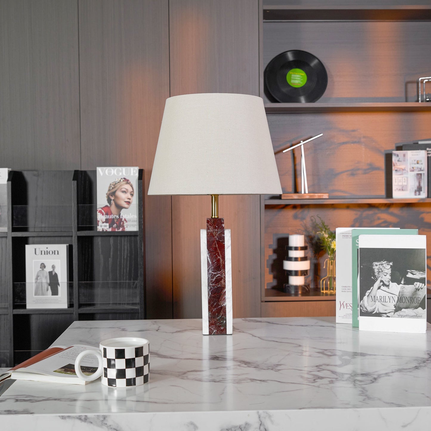 Darcy Marble Table Lamp - Sculptural 3-Panel Natural Stone & Linen Light