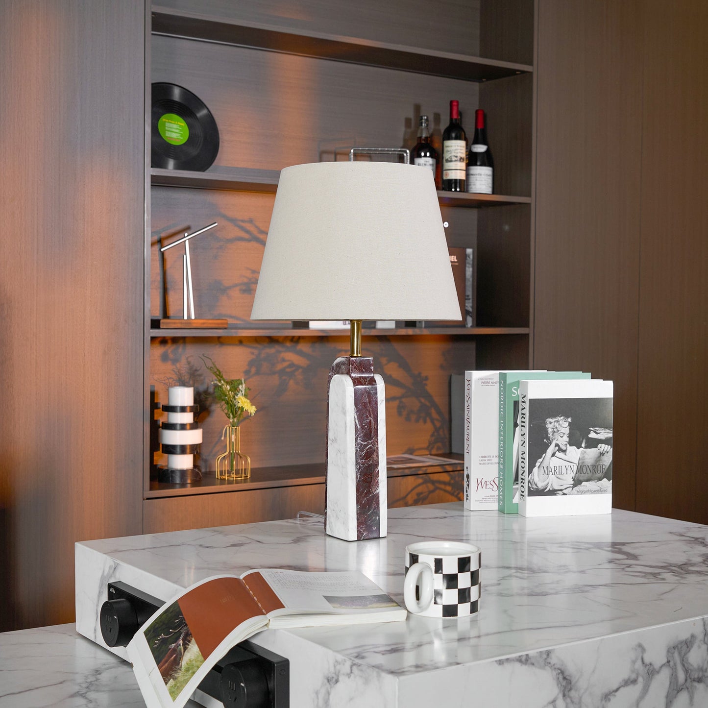 Darcy Marble Table Lamp - Sculptural 3-Panel Natural Stone & Linen Light