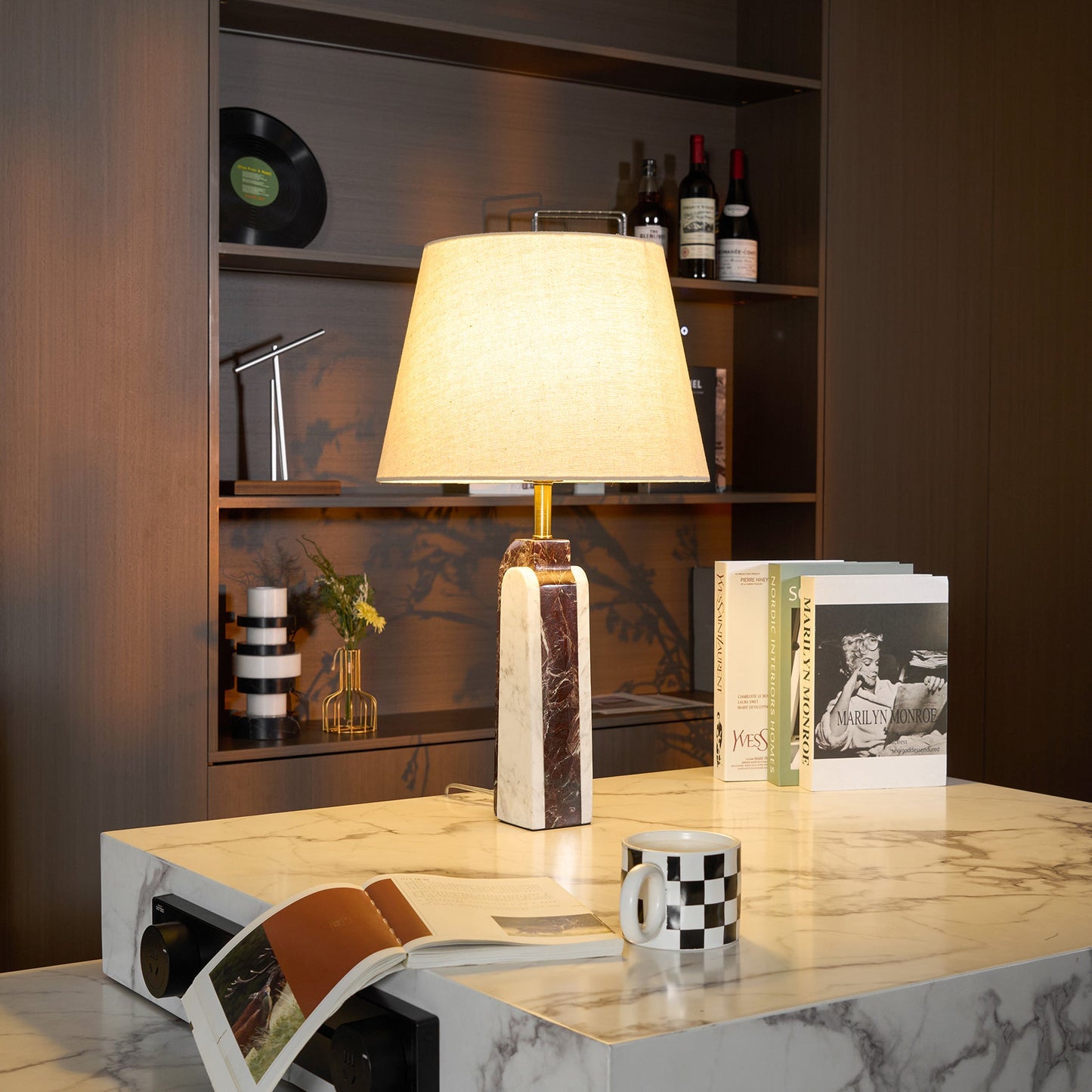 Darcy Marble Table Lamp - Sculptural 3-Panel Natural Stone & Linen Light