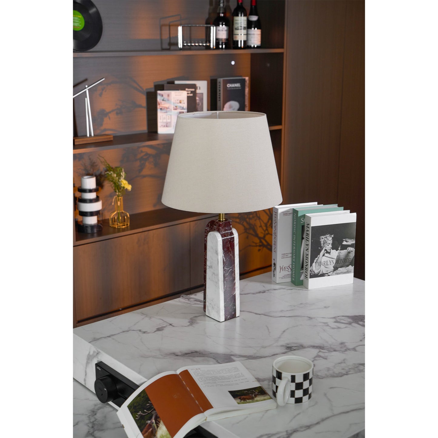 Darcy Marble Table Lamp - Sculptural 3-Panel Natural Stone & Linen Light