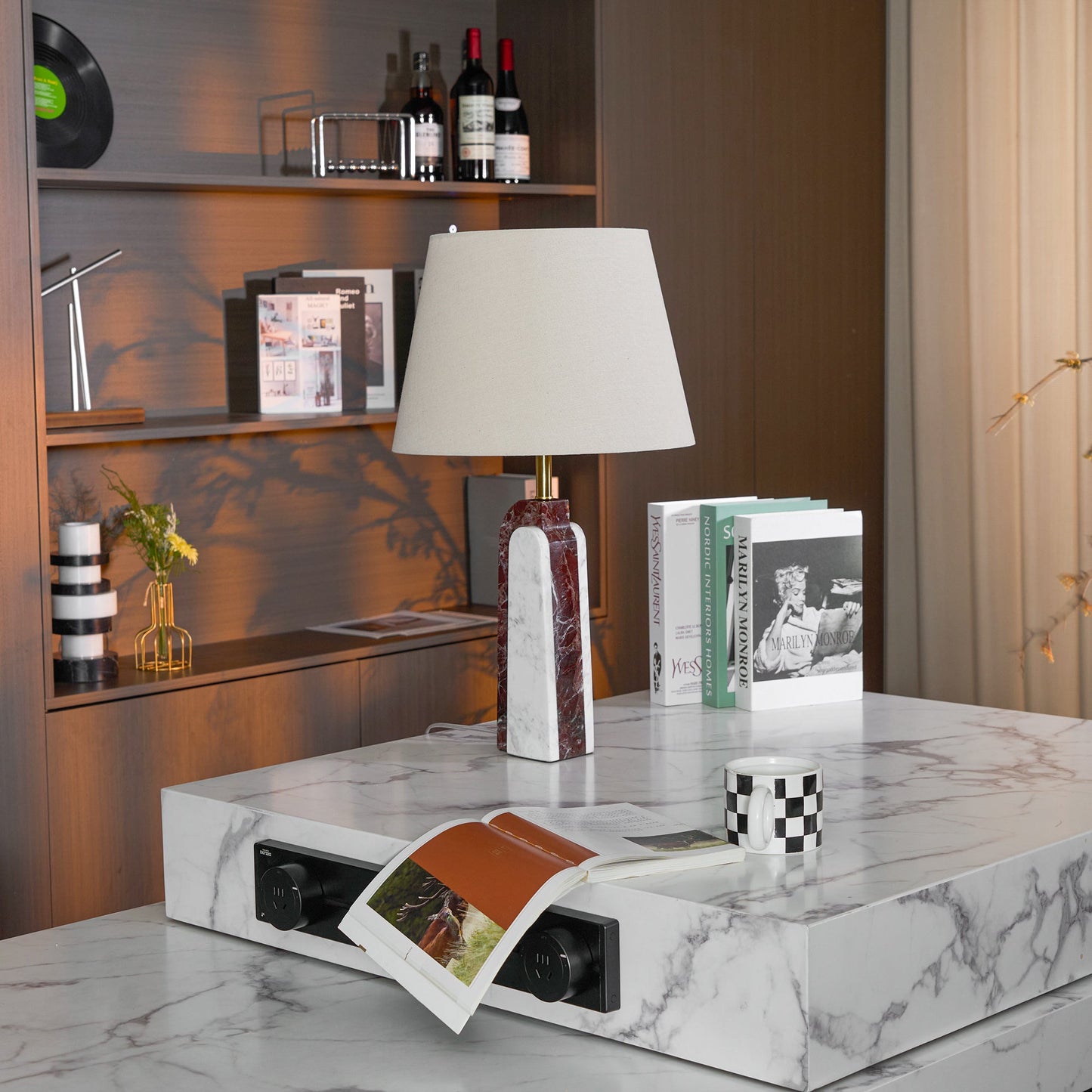 Darcy Marble Table Lamp - Sculptural 3-Panel Natural Stone & Linen Light
