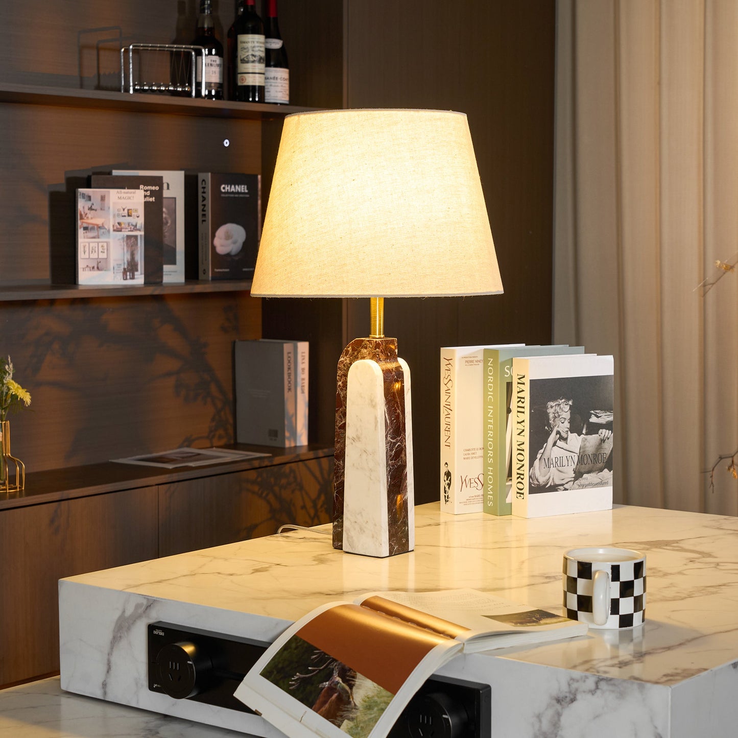 Darcy Marble Table Lamp - Sculptural 3-Panel Natural Stone & Linen Light
