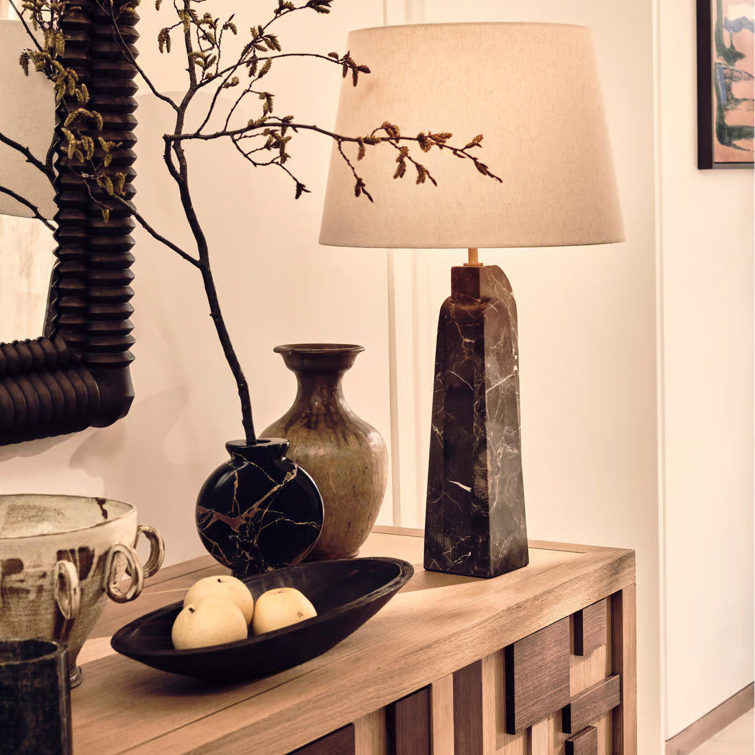 Darcy Marble Table Lamp - Sculptural 3-Panel Natural Stone & Linen Light