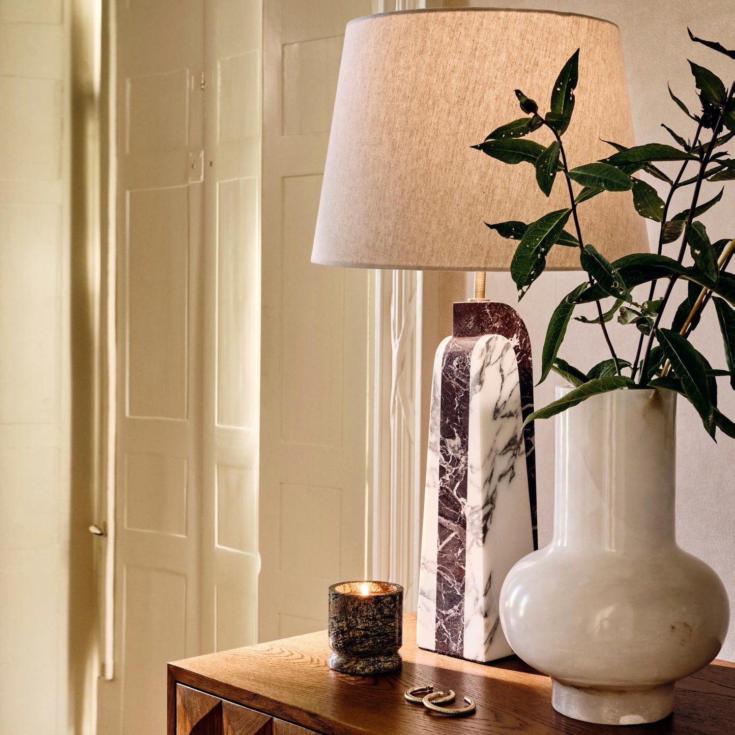 Darcy Marble Table Lamp - Sculptural 3-Panel Natural Stone & Linen Light