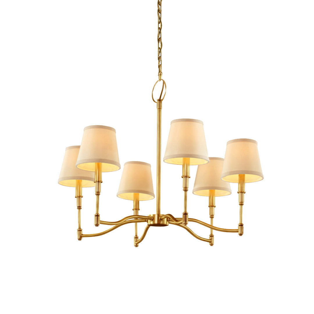 Dart Chandelier – Modernist Linear Satin Brass & White Fabric Cylinder Chandelier