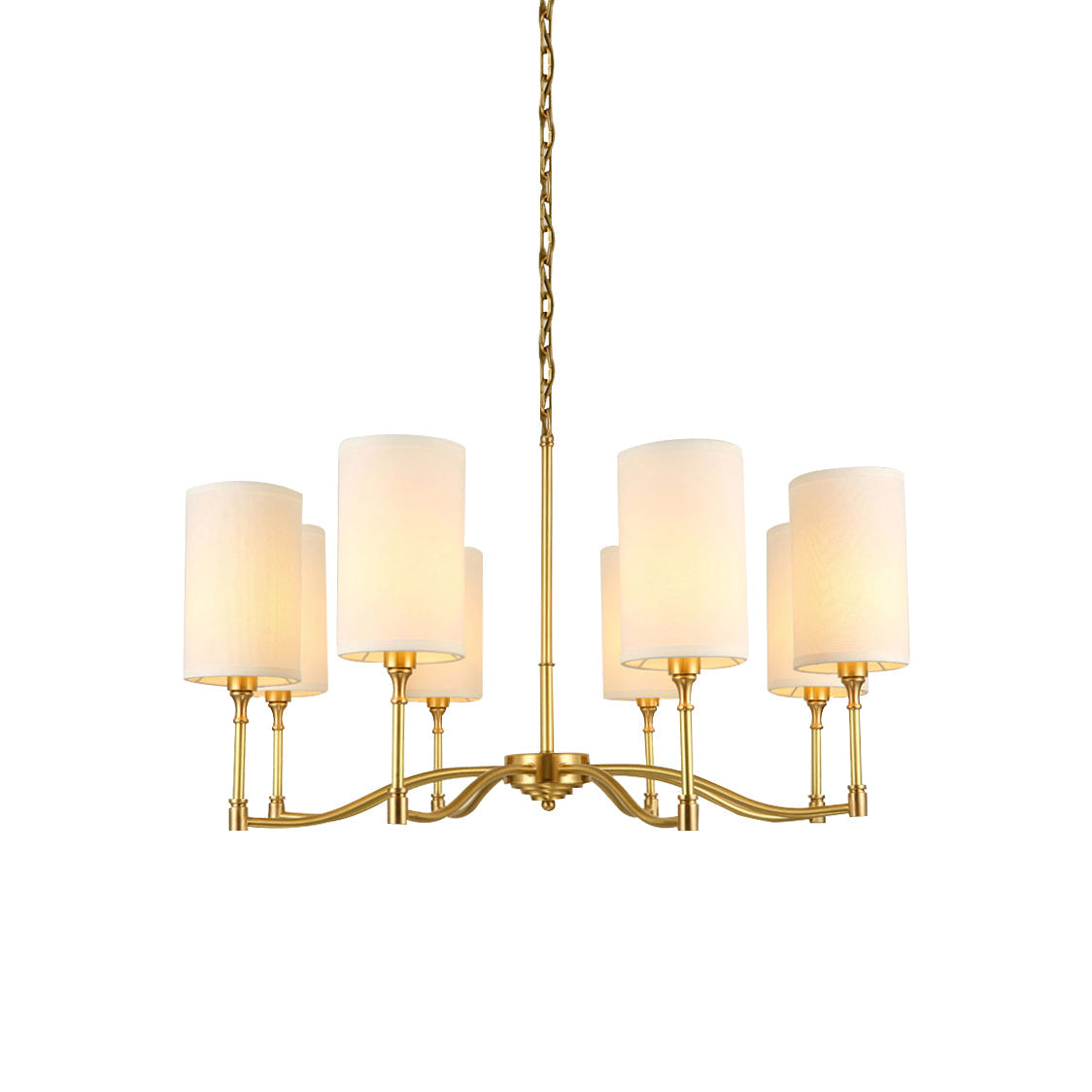 Dart Chandelier – Modernist Linear Satin Brass & White Fabric Cylinder Chandelier