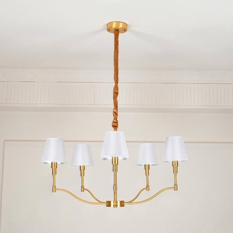 Dart Chandelier – Modernist Linear Satin Brass & White Fabric Cylinder Chandelier