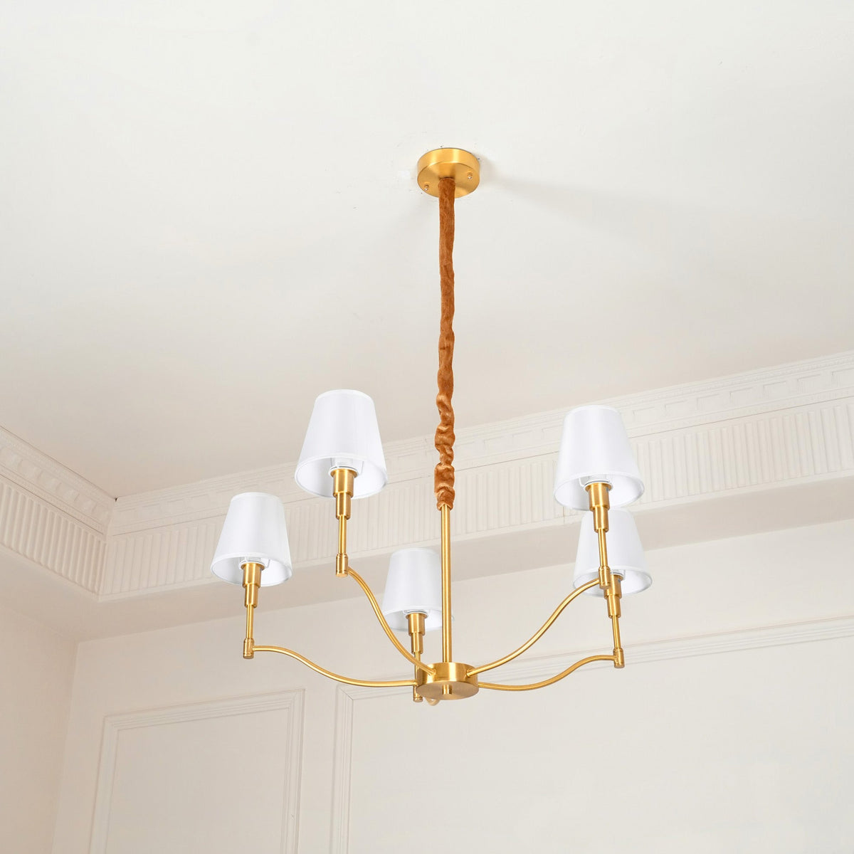 Dart Chandelier – Modernist Linear Satin Brass & White Fabric Cylinder Chandelier