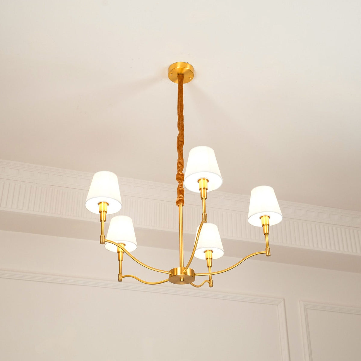 Dart Chandelier – Modernist Linear Satin Brass & White Fabric Cylinder Chandelier