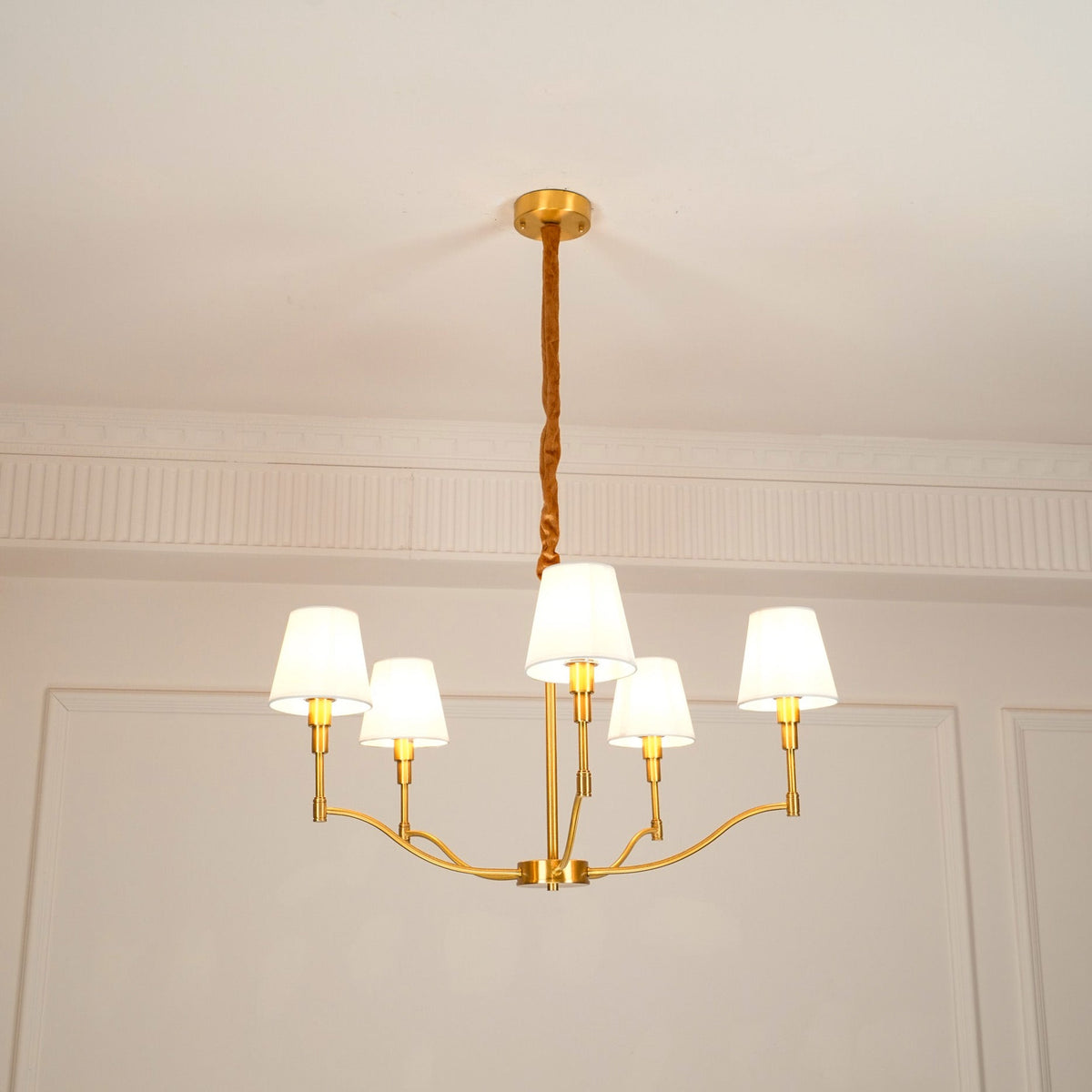 Dart Chandelier – Modernist Linear Satin Brass & White Fabric Cylinder Chandelier