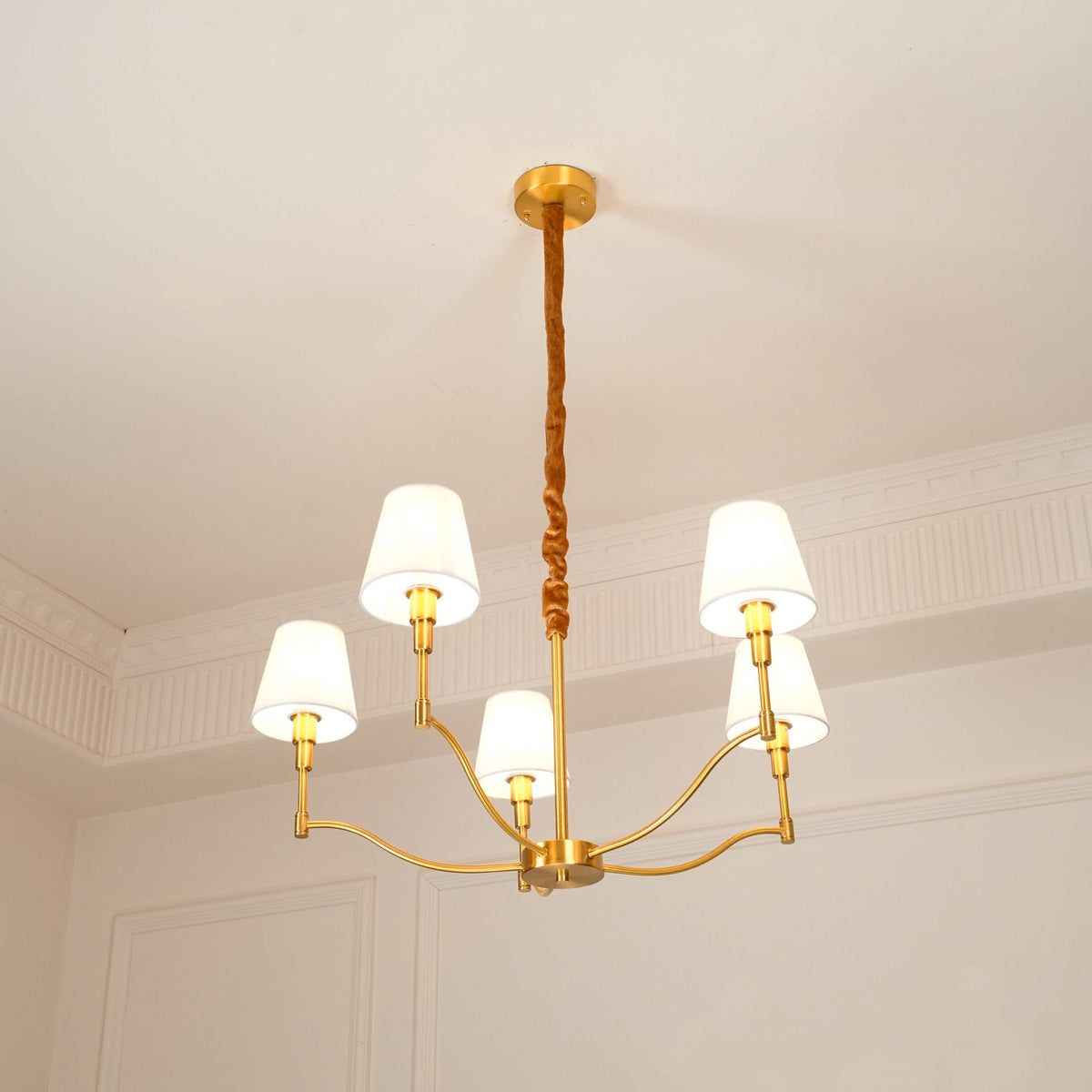 Dart Chandelier – Modernist Linear Satin Brass & White Fabric Cylinder Chandelier