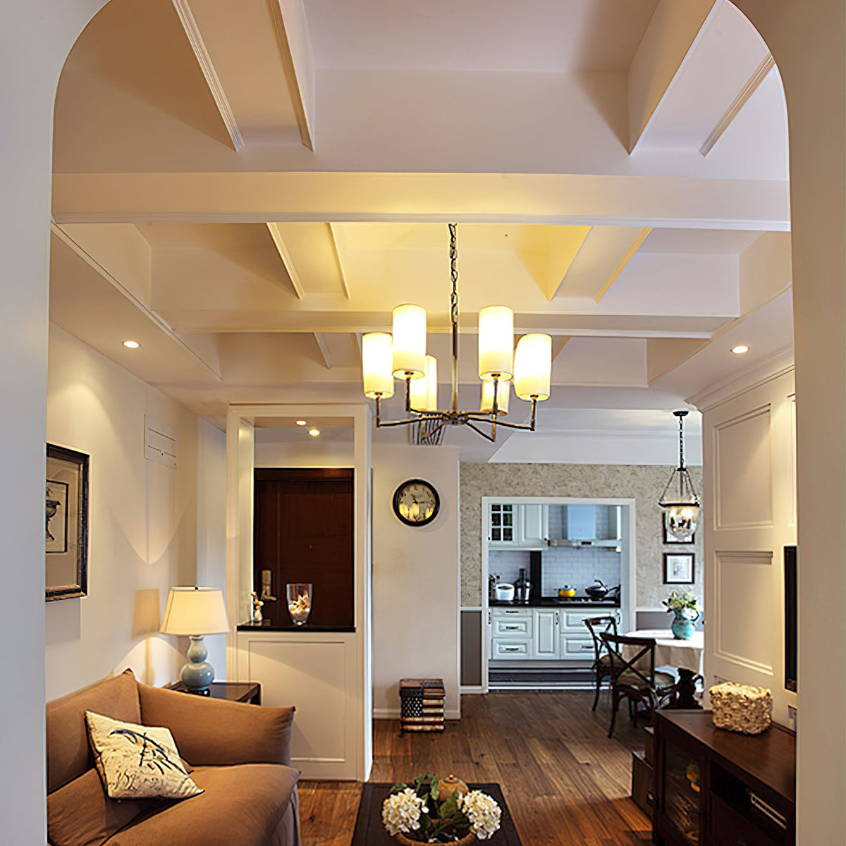 Dart Chandelier – Modernist Linear Satin Brass & White Fabric Cylinder Chandelier