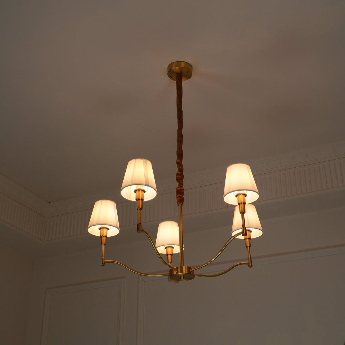 Dart Chandelier – Modernist Linear Satin Brass & White Fabric Cylinder Chandelier
