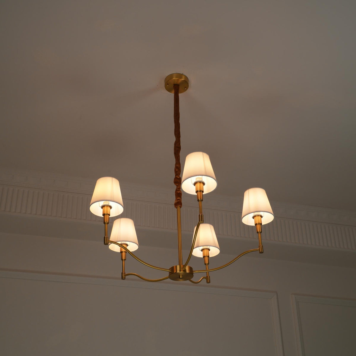 Dart Chandelier – Modernist Linear Satin Brass & White Fabric Cylinder Chandelier