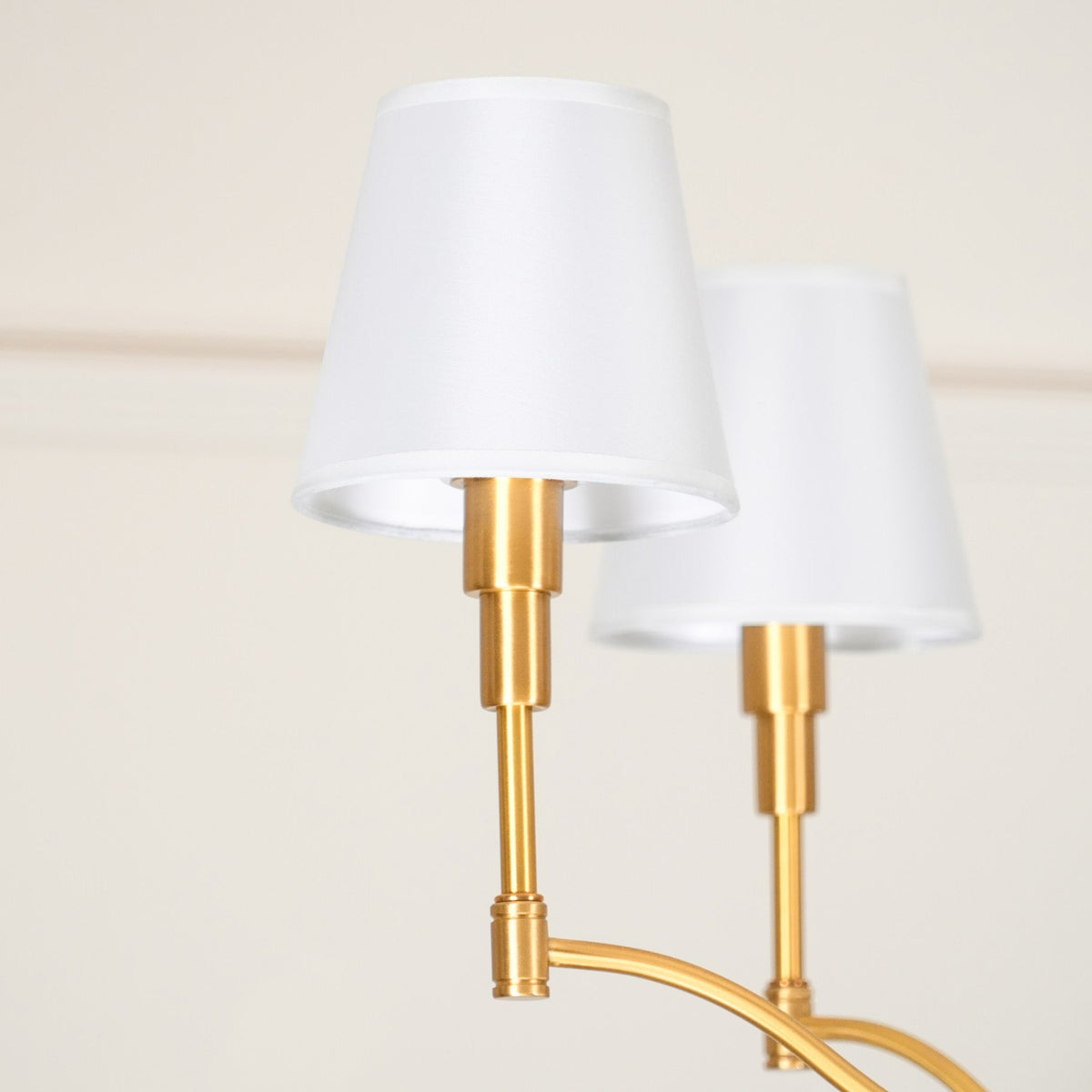 Dart Chandelier – Modernist Linear Satin Brass & White Fabric Cylinder Chandelier