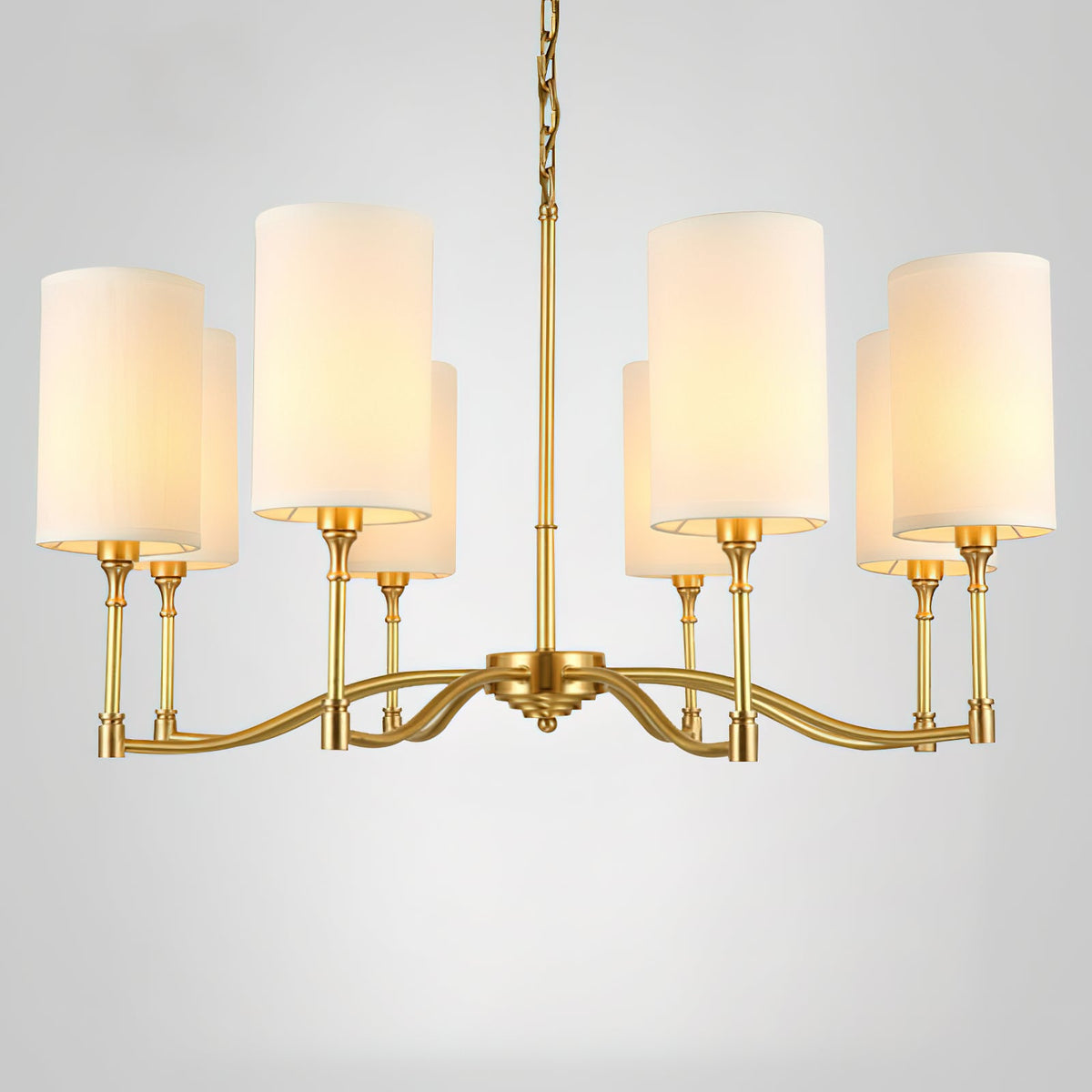 Dart Chandelier – Modernist Linear Satin Brass & White Fabric Cylinder Chandelier