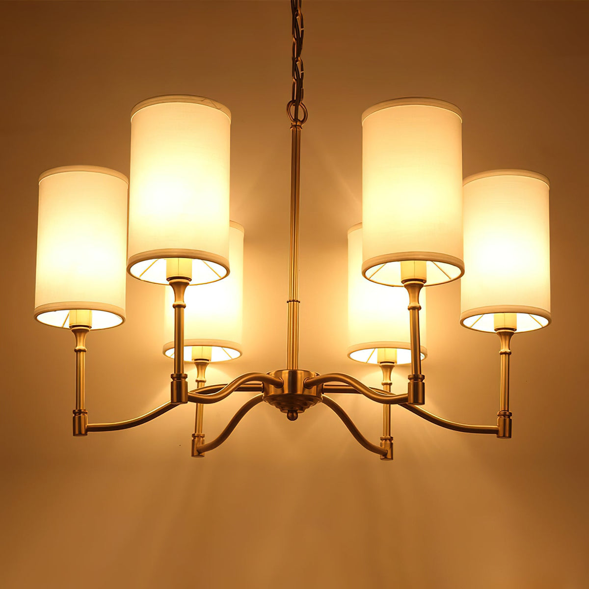 Dart Chandelier – Modernist Linear Satin Brass & White Fabric Cylinder Chandelier