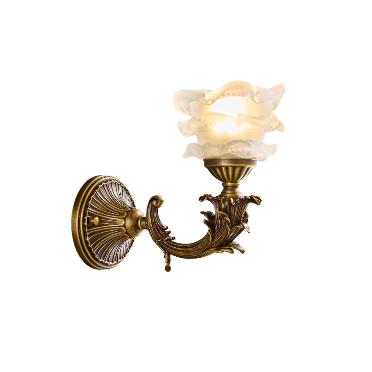 Darwin Wall Lamp – Antique Brass Curved Arm Sconce with Floral Glass Shade
