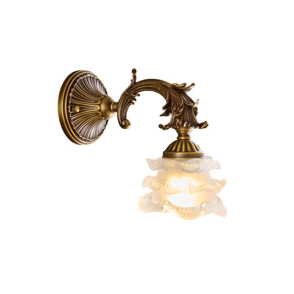 Darwin Wall Lamp – Antique Brass Curved Arm Sconce with Floral Glass Shade