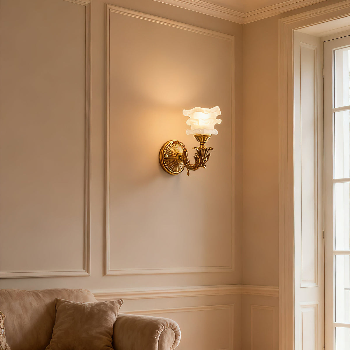 Darwin Wall Lamp – Antique Brass Curved Arm Sconce with Floral Glass Shade