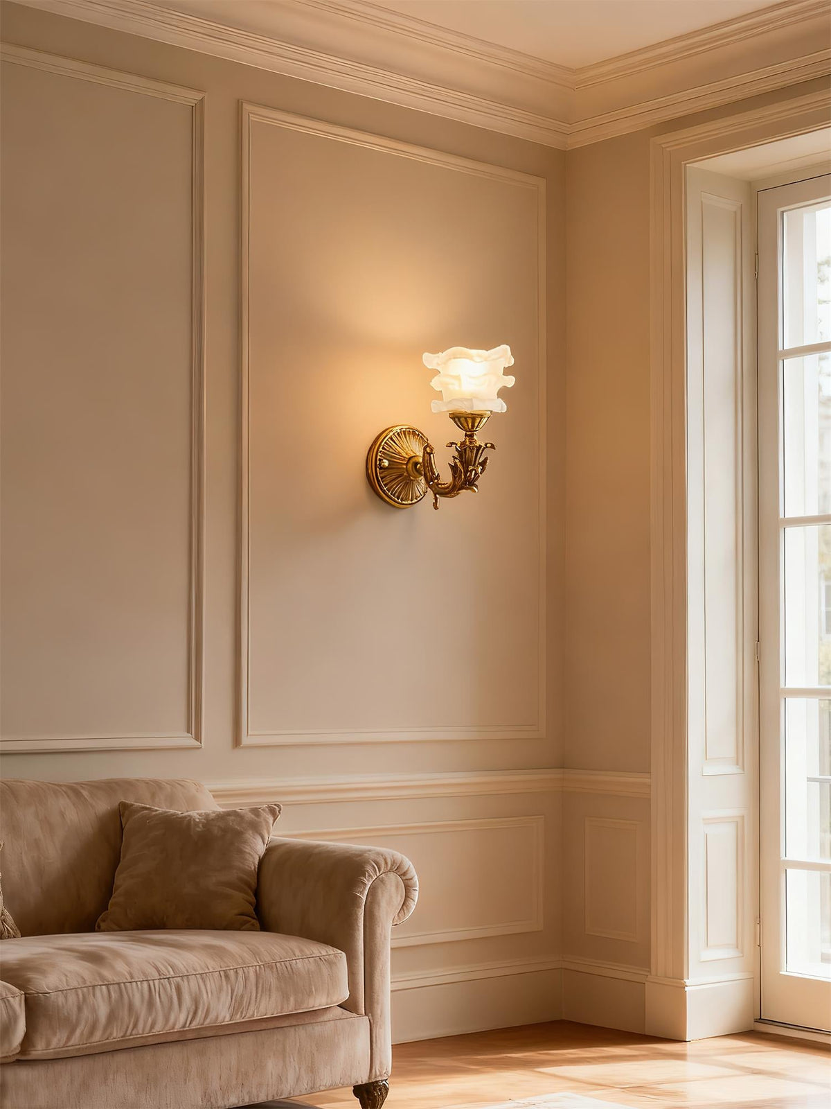 Darwin Wall Lamp – Antique Brass Curved Arm Sconce with Floral Glass Shade