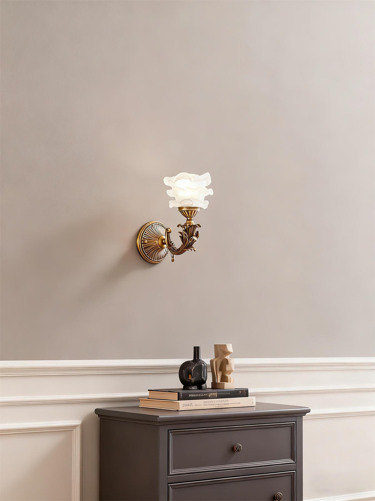 Darwin Wall Lamp – Antique Brass Curved Arm Sconce with Floral Glass Shade