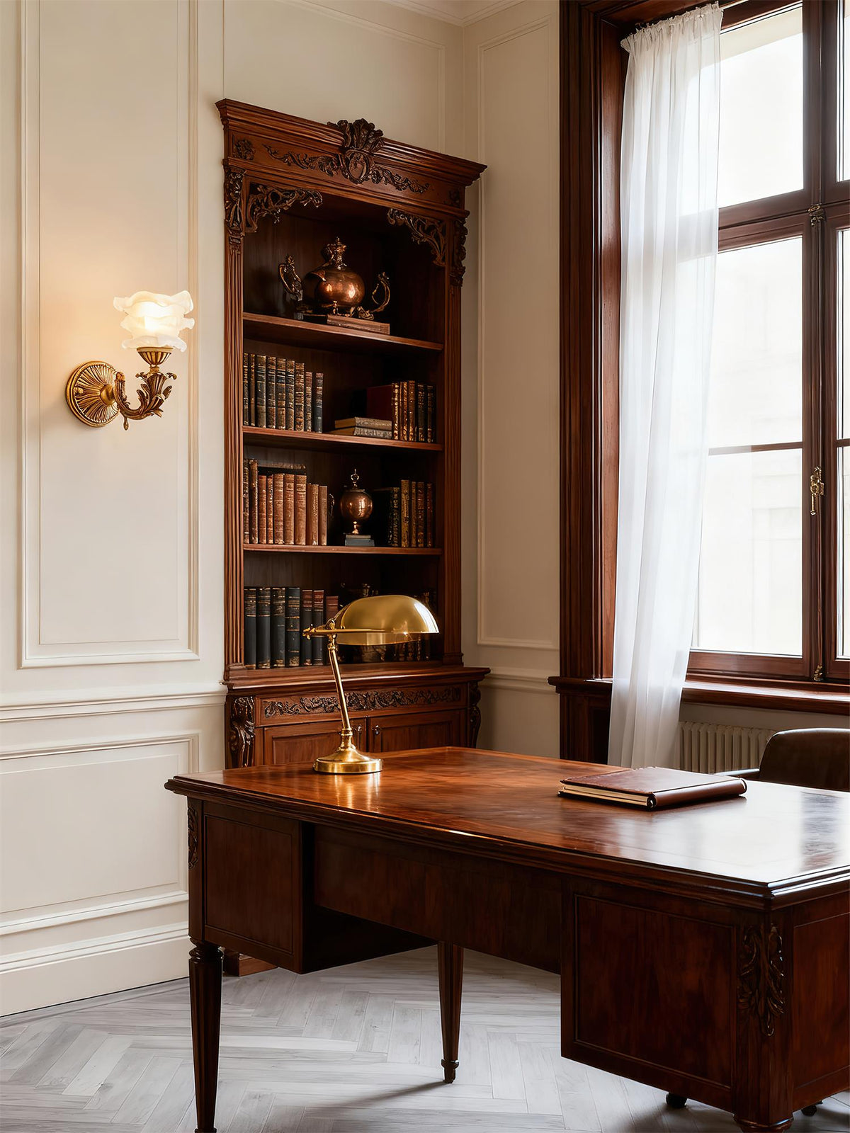 Darwin Wall Lamp – Antique Brass Curved Arm Sconce with Floral Glass Shade