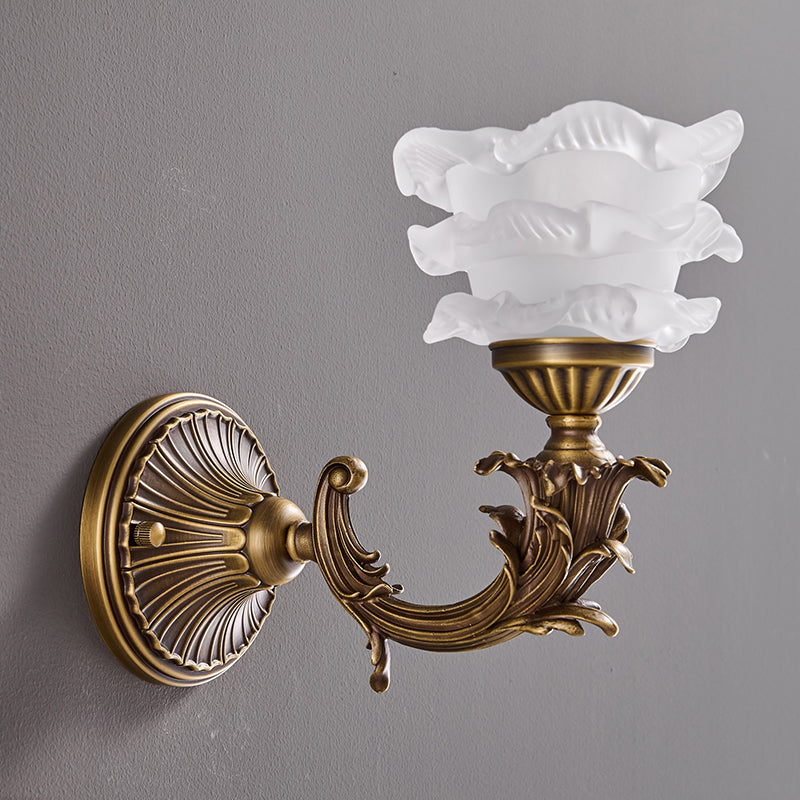 Darwin Wall Lamp – Antique Brass Curved Arm Sconce with Floral Glass Shade
