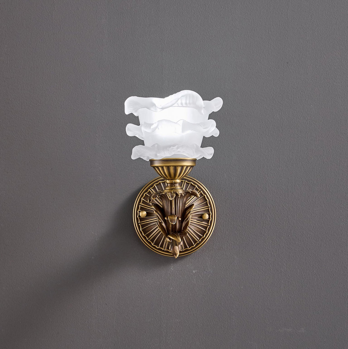 Darwin Wall Lamp – Antique Brass Curved Arm Sconce with Floral Glass Shade