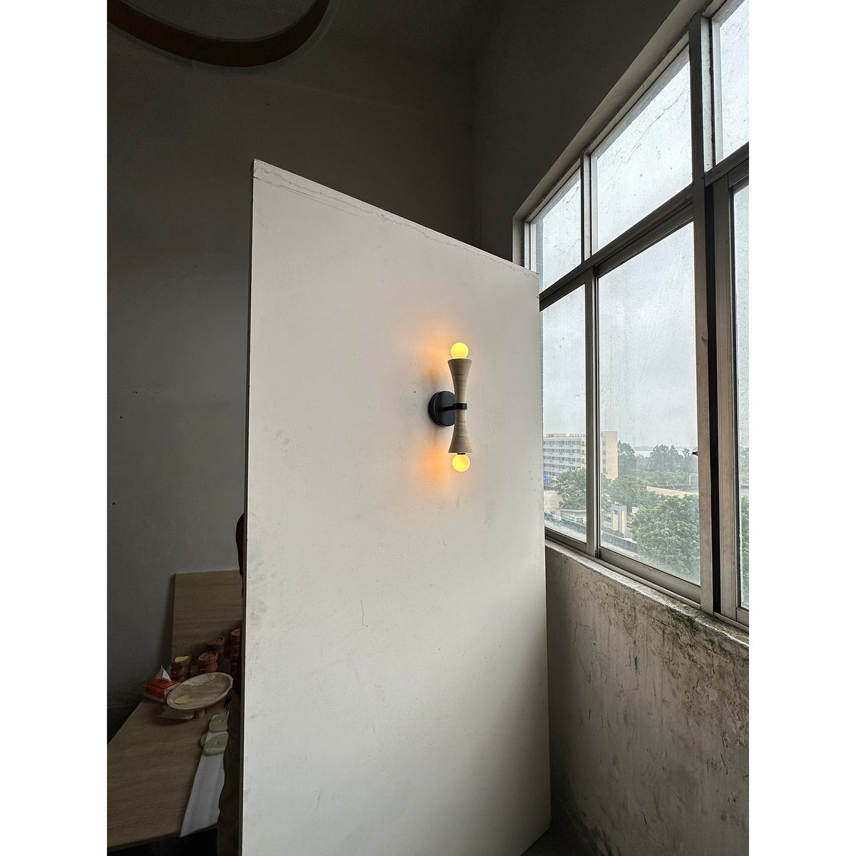 Dax Wall Lamp – Modern Hourglass Travertine & Jade Dual-Light Sconce