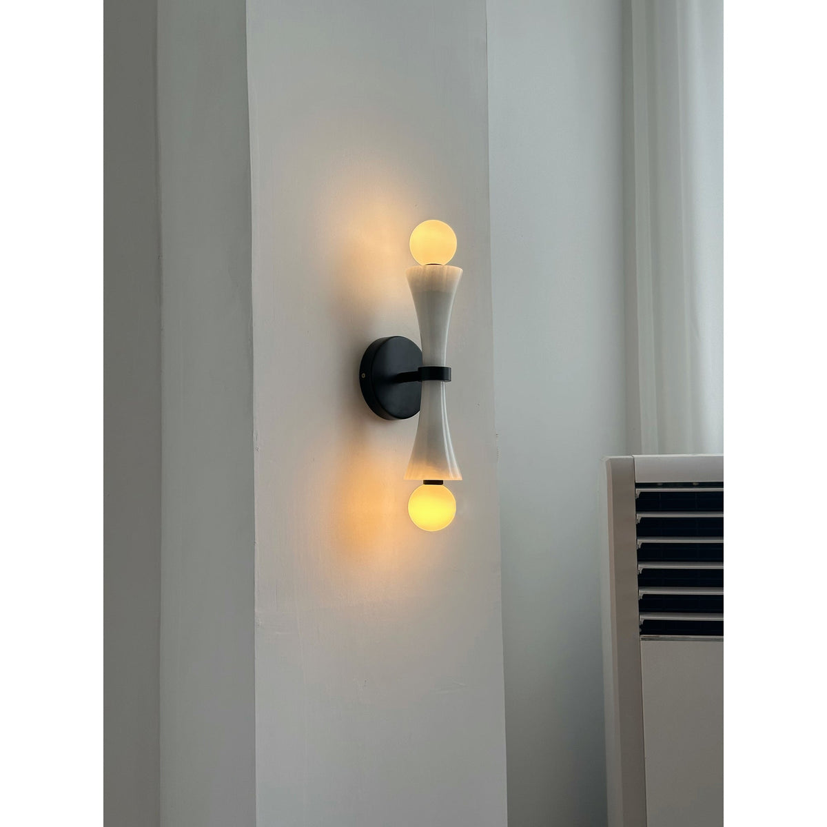 Dax Wall Lamp – Modern Hourglass Travertine & Jade Dual-Light Sconce