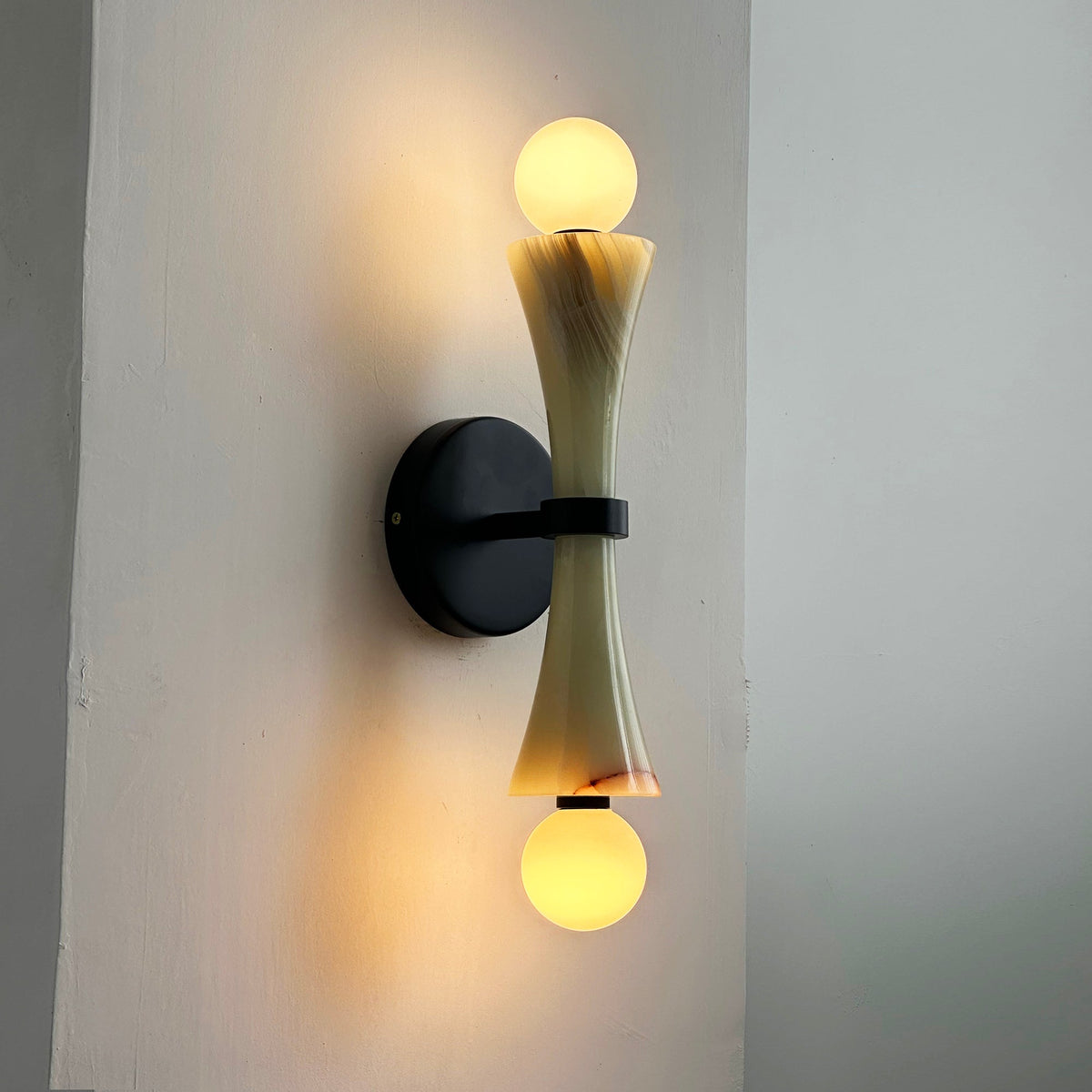 Dax Wall Lamp – Modern Hourglass Travertine & Jade Dual-Light Sconce