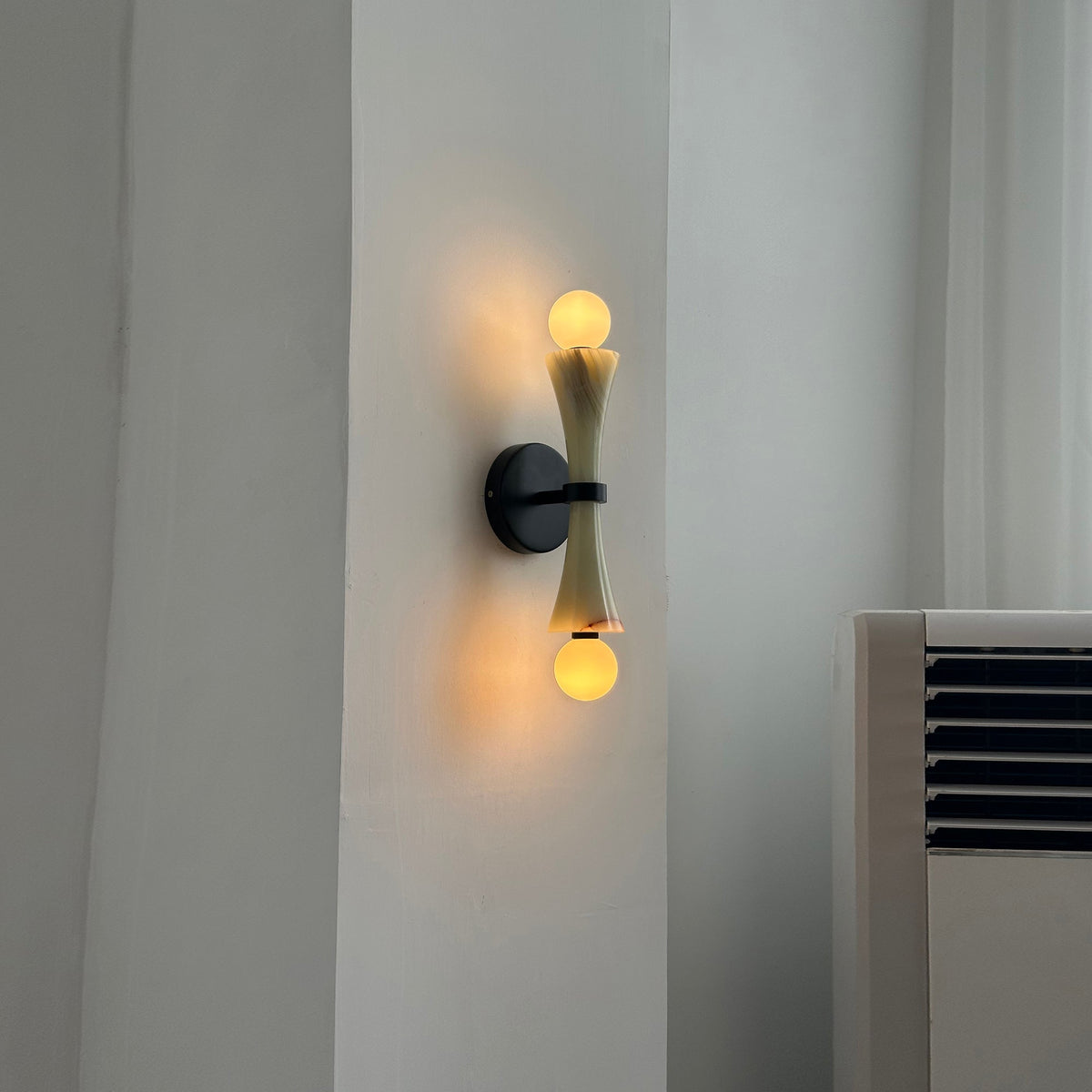 Dax Wall Lamp – Modern Hourglass Travertine & Jade Dual-Light Sconce
