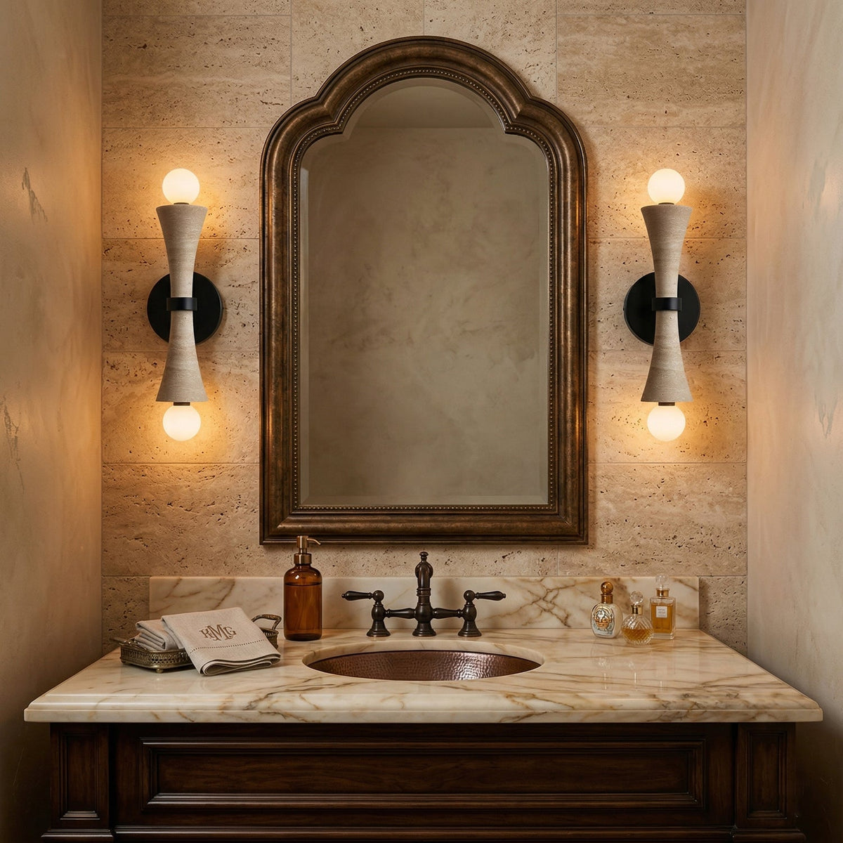 Dax Wall Lamp – Modern Hourglass Travertine & Jade Dual-Light Sconce