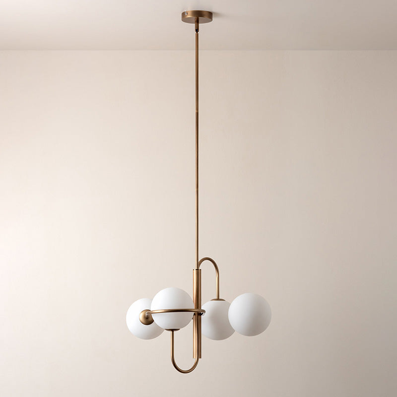 Decora Chandelier – Modern Brass & Milky Opal Glass Globe Chandelier