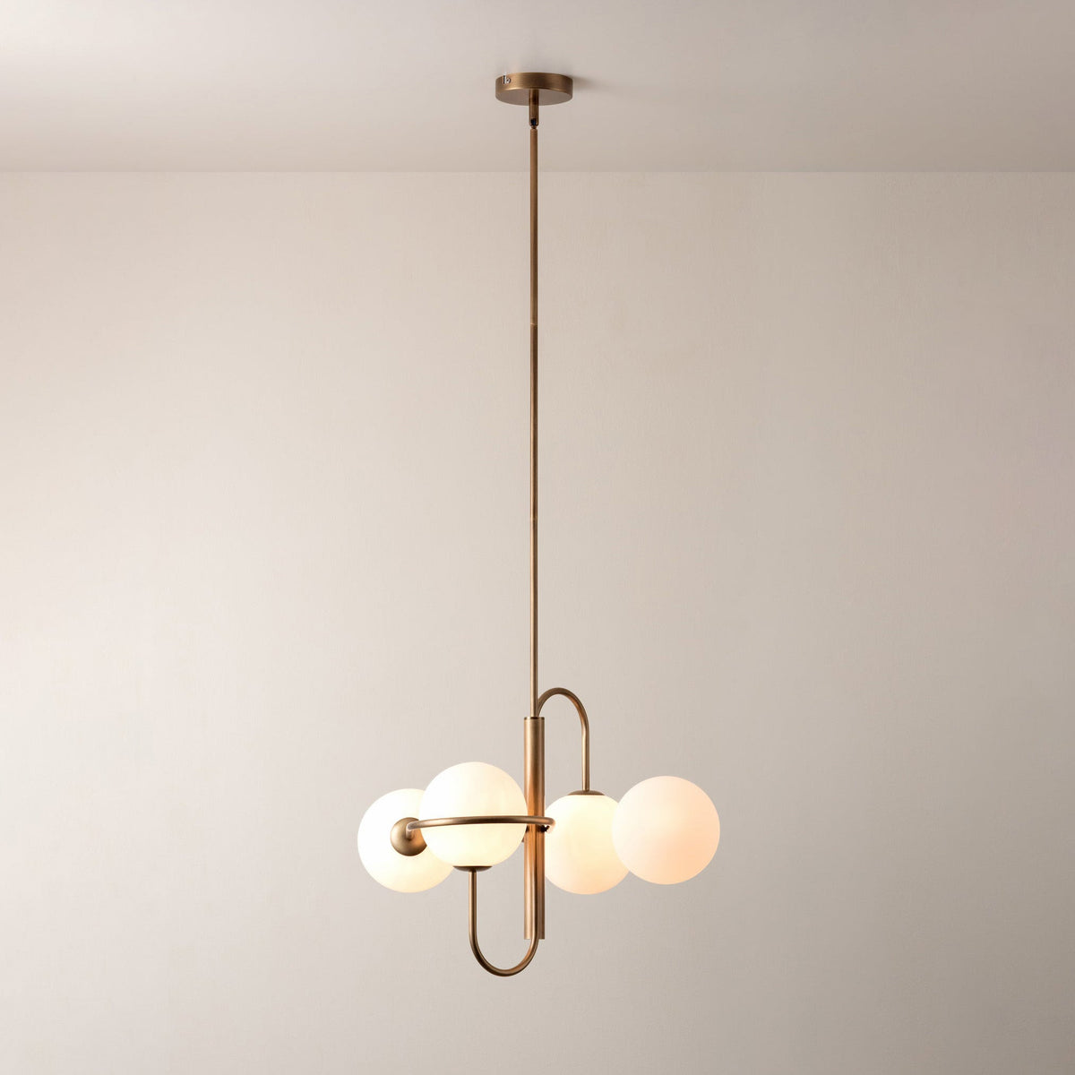 Decora Chandelier – Modern Brass & Milky Opal Glass Globe Chandelier