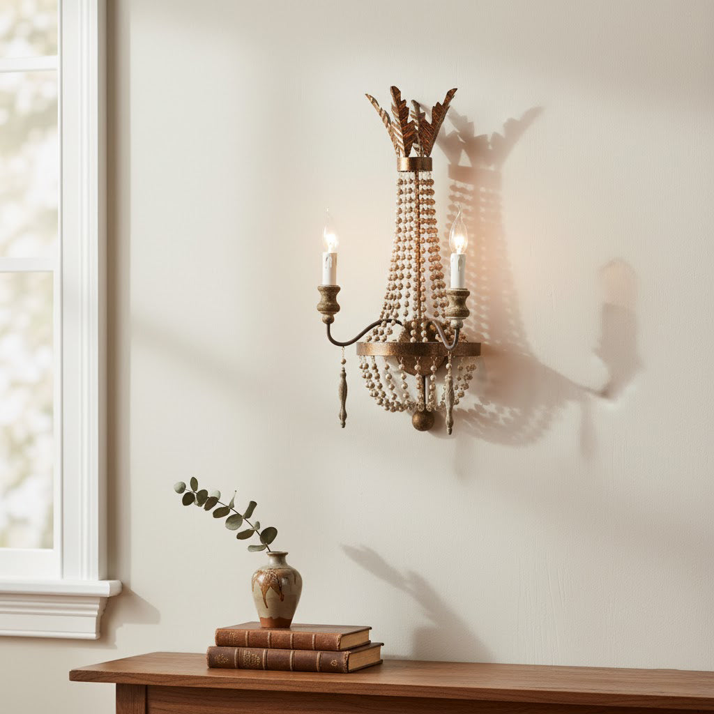 Delacroix Wall Lamp - 2-Light Antique Gold Iron Sconce with Wooden Beads