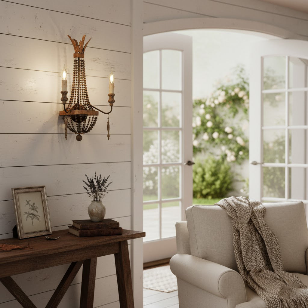 Delacroix Wall Lamp - 2-Light Antique Gold Iron Sconce with Wooden Beads