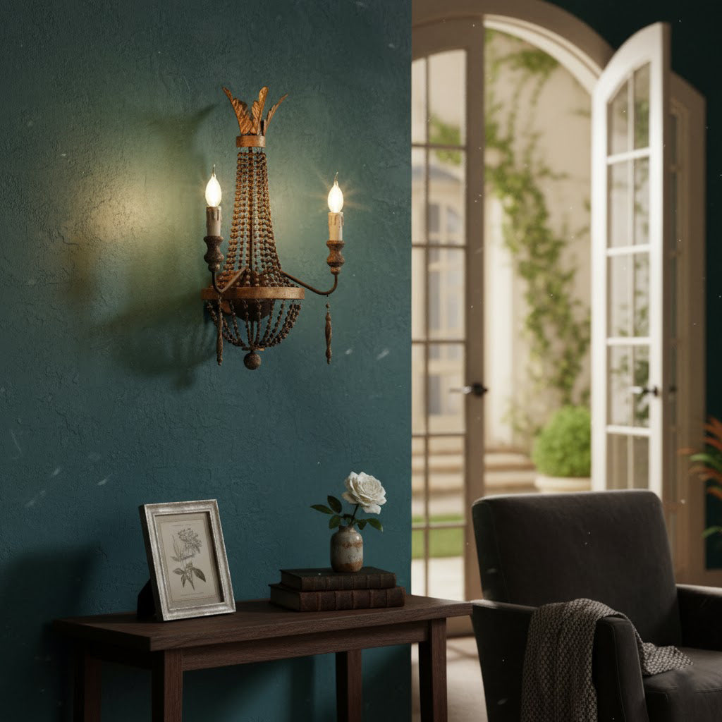 Delacroix Wall Lamp - 2-Light Antique Gold Iron Sconce with Wooden Beads