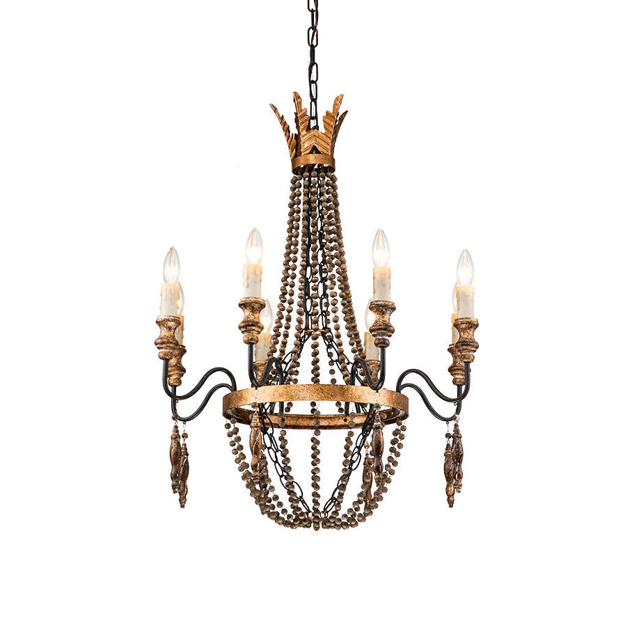 Delacroix Chandelier - French Country Iron & Wooden Bead Tassle Light