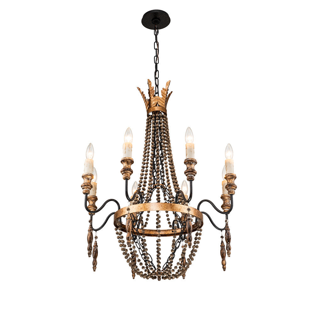 Delacroix Chandelier - French Country Iron & Wooden Bead Tassle Light